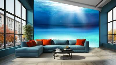 Vector illustration with deep underwater ocean scene. Sun rays penetrate the water column. Background . Realistic vector illustration Wall mural