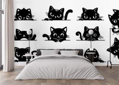 Vector Series of black cats peering out of windows. Cartoon style collection of amusing feline characters curiously looking outside isolated on white backdrop. Suitable for tattoos, creative projects Wall mural