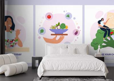 Vegetarian concept with healthy fresh diet showing a woman eating salad, bowl of greens and making a choice. Vector illustration Wall mural