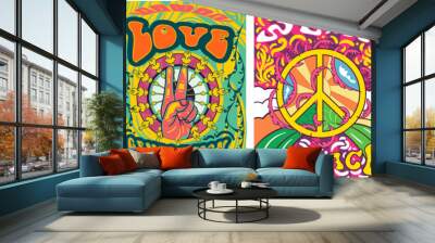 Vibrant colorful We Need Peace design in retro hippie style with peace symbol and text over abstract patterns, vector illustration Wall mural