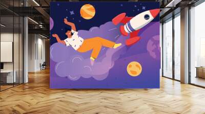 Virtual reality concept. Girl in space next to planets and rocket. Character in VR glasses metaphor of innovations and modern technologies. Games or learning. Cartoon flat vector illustration Wall mural