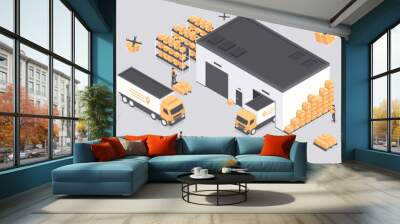 Warehouse service concept. Workers load trucks with boxes, trade and logistics. Transportation of goods to specified address, home delivery and online shopping. Cartoon isometric vector illustration Wall mural