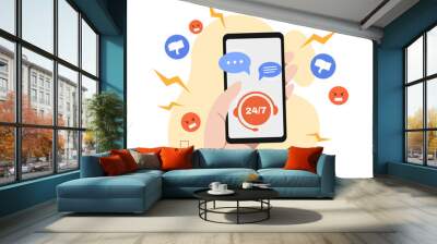 Web comment concept. Hand holds smartphone, modern technologies and social networks. Digital world and feedback, popular blogger, people remotely discuss news. Cartoon flat vector illustration Wall mural