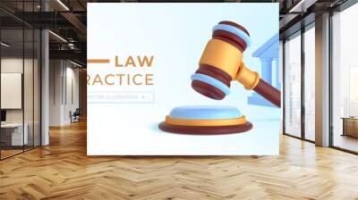 Web page of law and justice. Banner of online website page with hummer and gavel of judge in 3d isometric realistic style. Lawyer, attorney and prosecutor concept. Cartoon flat vector illustration Wall mural