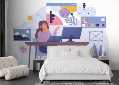 Woman graphic designer. Young girl working with images at computer, creating graphic element for website. Designing interface for application, software or program. Cartoon flat vector illustration Wall mural