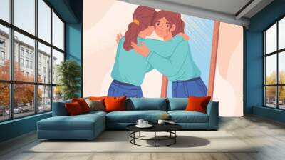 Woman hugging her reflection. Metaphor of positive psychology, selfacceptance. Mental health and optimism. Selfesteem and selfconfidence. Young girl next to mirror. Cartoon flat vector illustration Wall mural