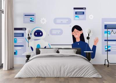 Woman with automated software concept. Yopung girl near bot and corporate servers. Modern technologies and innovations. Artificial intelligence and machine learning. Cartoon flat vector illustration Wall mural