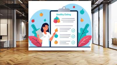 Woman with healthy eating. Nutritionist draws up nutrition plan, diet. Vegetables and fruits, healthy food with vitamins and minerals. Habits corrective workshop. Cartoon flat vector illustration Wall mural