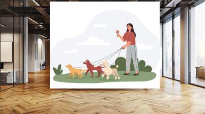 Woman with pets. Young girl on walk with dogs, active lifestyle. Routine and household chores, hostess with her beloved pets in park, summer or spring season. Cartoon flat vector illustration Wall mural