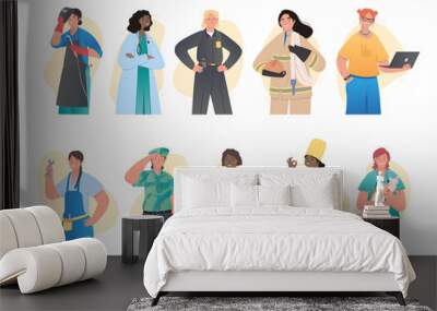 Women of different professions. Collection of female characters policeman, doctor, cook, firefighter and veterinarian. Gender equality. Cartoon flat vector collection isolated on white background Wall mural