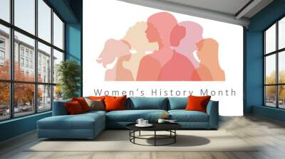 Womens History Month banner. Concern for rights of girls, femism and protest. International holidays, equality and unity, female solidarity. Crowd of silhouettes. Cartoon flat vector illustration Wall mural