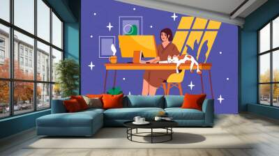 Work from home woman. Young girl sitting with computer in apartment. Freelancer with online earnings. Remote employee in comfortable workplace. Flat vector illustration isolated on blue background Wall mural