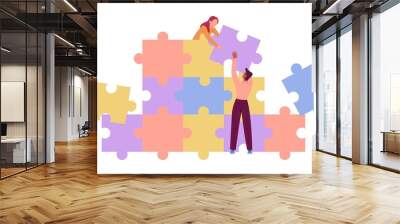 Young male and female characters are assembling giant jigsaw puzzle together. Concept of teamwork and employee cooperation. Colleagues supporting each other. Flat cartoon vector illustration Wall mural