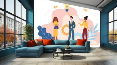 Young male and female characters are standing together to create an idea. Concept of tangled tangle, brainstorming, beginning, solving business problems. Flat cartoon vector illustration Wall mural