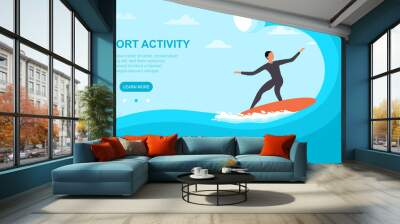 Young sportswoman surfing in sea or ocean. Sport activity concept. Internet and mobile website. Landing page or web page template. Easy to edit and customize. Flat cartoon vector illustration Wall mural