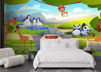 Zoo with animals. Natural outside park with mammals, giraffes, lion, monkey and pandas. Leisure for children and adults. Banner with wild life and green plants. Cartoon flat vector illustration Wall mural