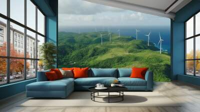 A beautiful landscape with a large body of water and a few wind turbines Wall mural