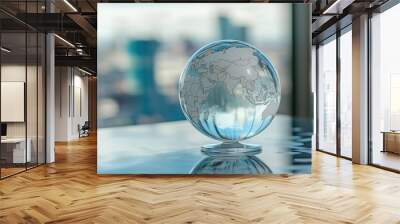 A clear globe sits on a table in front of a city skyline Wall mural