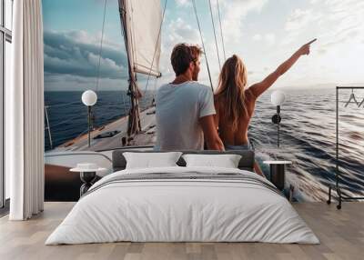 A couple is on a sailboat, with the woman pointing to the horizon Wall mural