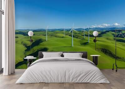 A field of wind turbines with a clear blue sky in the background Wall mural