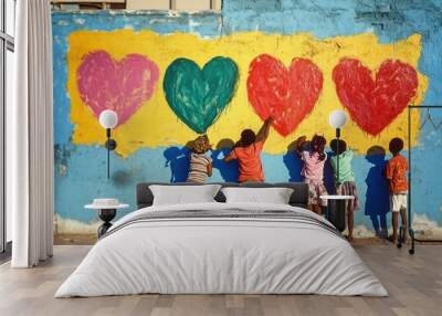 A group of children are painting hearts on a wall Wall mural