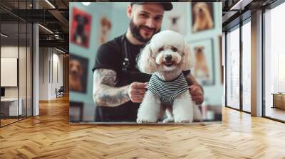 A man is petting a white dog in a pet store Wall mural