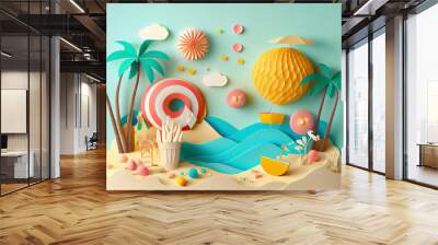 Abstract paper art of summer seascape with sea water splash and beach accessories on the beach Wall mural