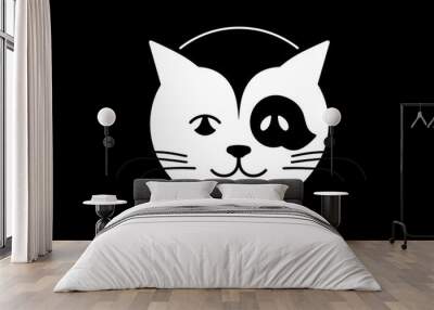 Cat and dog yin yang symbol. Simple, minimal cartoon white dog and black cat face.AI Generative Wall mural