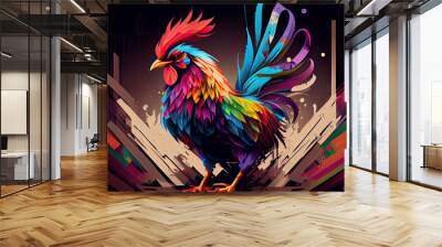 Colorful Crowing Rooster in Polygon. Colorful Wall mural