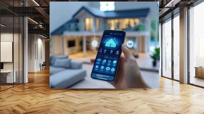 concept of smart home technology, graphic of mobile phone with home automation application Wall mural