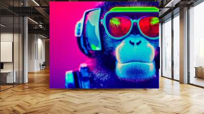 cyberpunk Chimpanzee with sunglasses, dressed in neon color clothes Wall mural