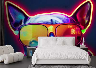 cyberpunk Pitbull dog with sunglasses, dressed in neon color clothes Wall mural