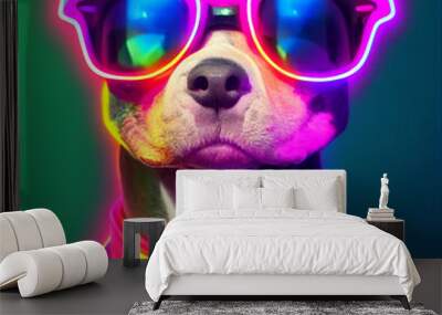 cyberpunk Pitbull dog with sunglasses, dressed in neon color clothes Wall mural