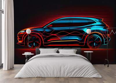 Electric SUV car with charging station by sketch line blue and red colors isolated on black background Wall mural