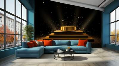 Golden podium with a spotlight on a dark background, falling golden confetti, first place, fame and popularity Wall mural