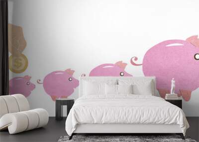 Hand is inserting a coin into pink piggy bank with recycled pape Wall mural