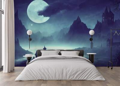 night, moonlight, a fantasy village in the dark Wall mural