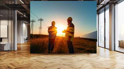 Two Unidentified Solar Power Engineers In Backlight At Sunset. Solar park. Alternative energy concept Wall mural