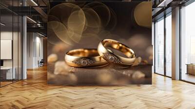 two wedding rings and flowers, wedding invitation Wall mural