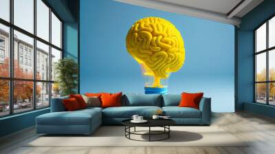 yellow brain on blue clear background yellow brain on blue clear background, concept light bulb idea Wall mural