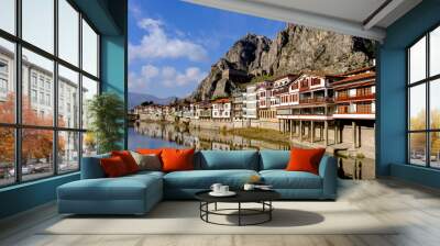 old Ottoman houses on the banks of Yesilirmak River in Amasya city Wall mural