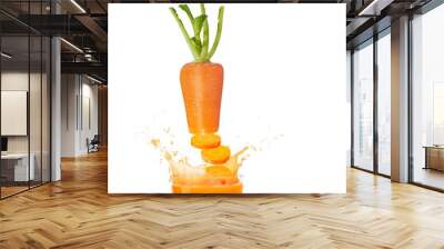 A vibrant orange carrot splashes into clear water, creating dynamic droplets and ripples against a white background. The image captures the freshness and energy of the carrot in motion. Wall mural