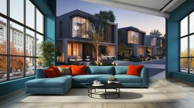 Nighttime street view of industrial style townhouse development . Featuring black facade panels, large glass windows, blue and white LED lighting,Modern architecture with smart home technology. Wall mural