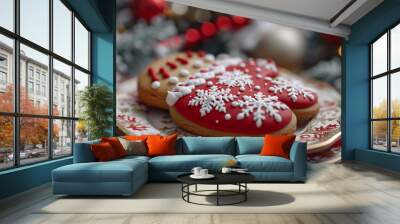 A close-up of a Christmas cookie shaped like a mitten, decorated with red and white icing, resting on a festive holiday plate. Wall mural