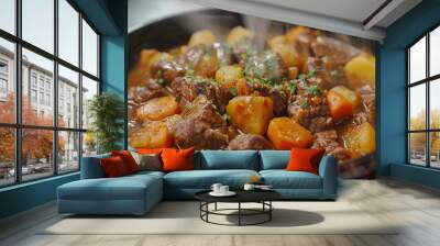 A close-up of a rich beef and vegetable stew, with chunks of tender beef, carrots, and potatoes in a thick, savory broth, served in a rustic bowl.  Wall mural