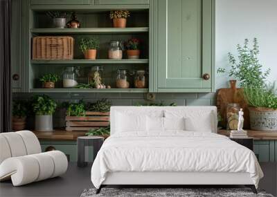 A farmhouse-style kitchen cabinet in a soft sage green, featuring shaker doors, open shelving, and ceramic knobs. The cabinet is styled with rustic wooden crates and fresh herbs. Wall mural