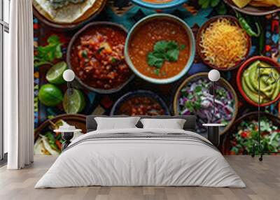 A flat lay of a traditional Mexican taco spread with various fillings, toppings, and a side of salsa, arranged on a colorful tablecloth. Wall mural