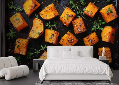 A flat lay of roasted butternut squash cubes arranged neatly on a baking tray, with a sprinkle of cinnamon and a few sprigs of thyme. The golden-orange color of the squash is warm and inviting. Wall mural