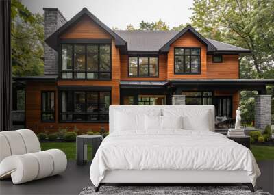 A modern home with a rich brown exterior, featuring wooden siding, black window frames, and a cozy front porch with comfortable seating. Wall mural