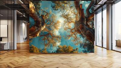 A picturesque scene of two intertwined trees, their branches forming a natural canopy. Wall mural